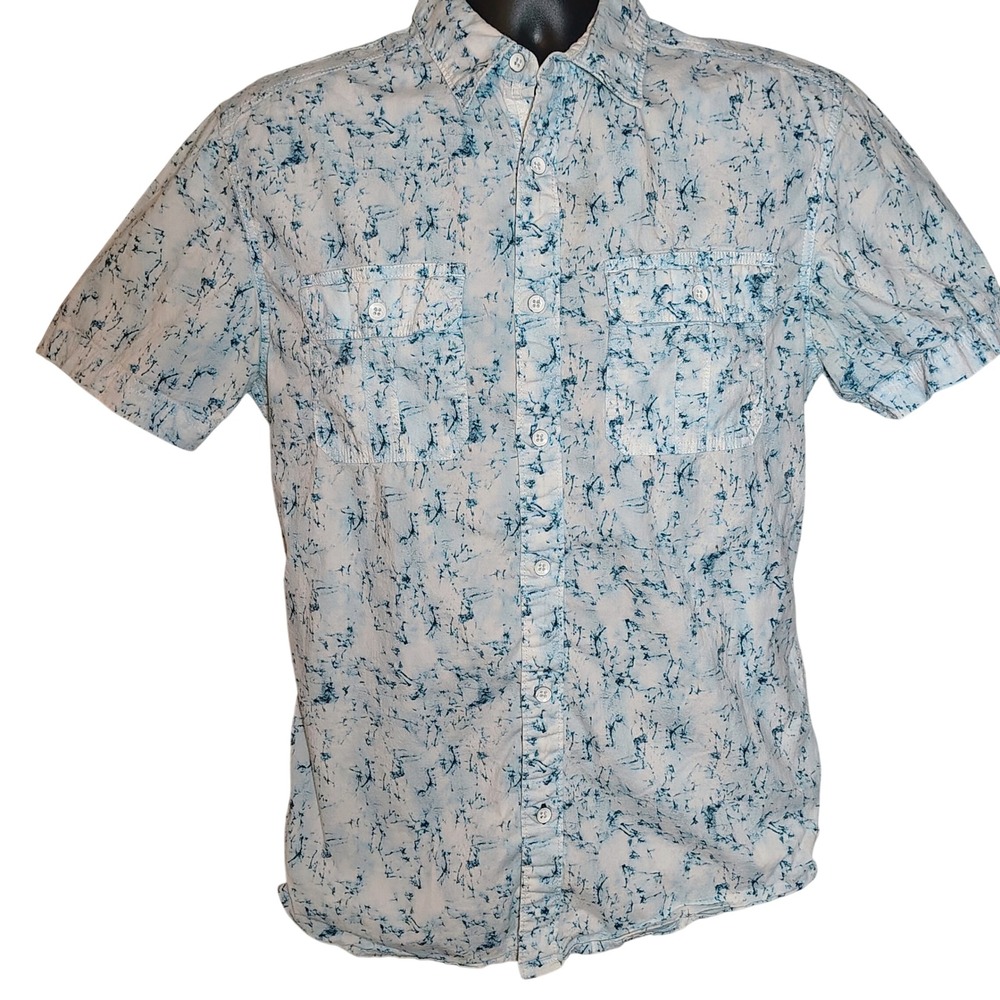Rock & Republic Men's Short Sleeve Button Down Shirt Blue Marble‎ Print Stretch